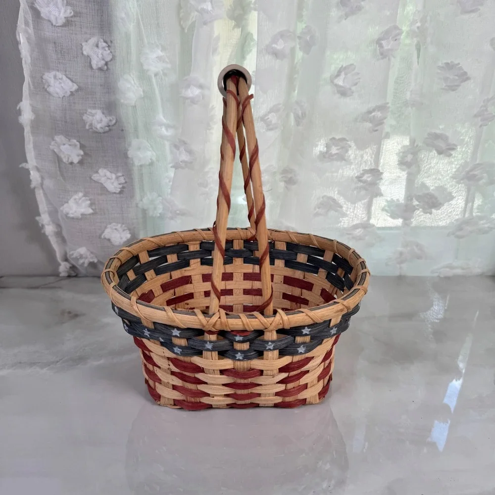 American Flag Hand Basket Ceramic Blueberry Painted Handle Patriotic July 4th